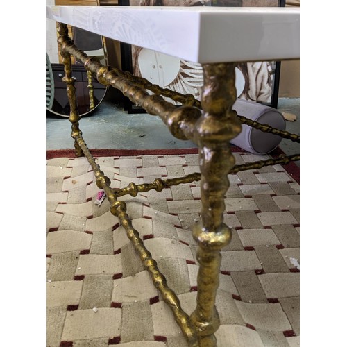 544 - LOW TABLE, 91.5cm x 137cm x 36cm, cast resin top, iron base, gilt finish.