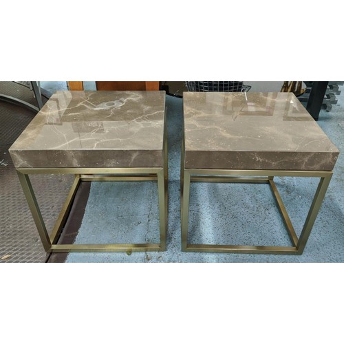 547 - SOFA AND CHAIR COMPANY SIDE TABLES, a pair, marble tops with gold zone frames, square, 55cm H x 55cm... 