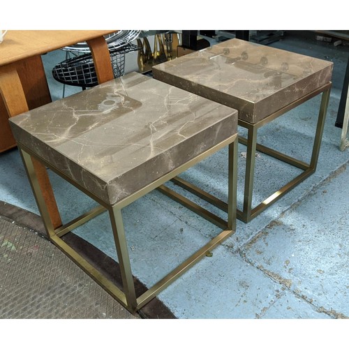 547 - SOFA AND CHAIR COMPANY SIDE TABLES, a pair, marble tops with gold zone frames, square, 55cm H x 55cm... 