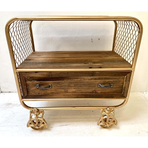 505 - SIDE TABLE,  industrial style, gilt metal and wood, with oversized castors, 57x56x36.