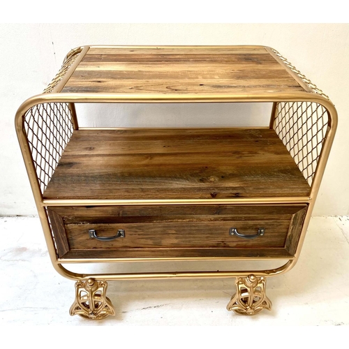 505 - SIDE TABLE,  industrial style, gilt metal and wood, with oversized castors, 57x56x36.