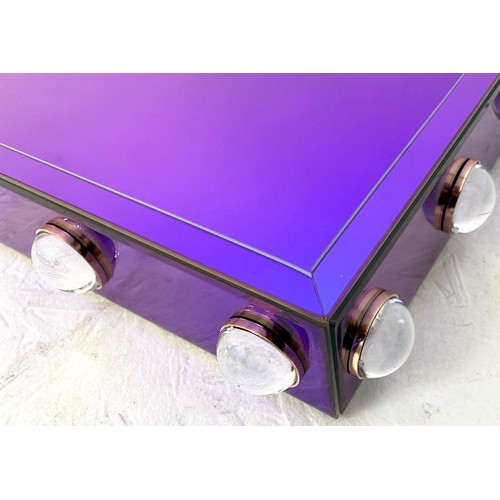 593 - DRINKS TRAYS, a pair, 52cm x 42cm x 61cm, electric blue mirrored glass. (2)