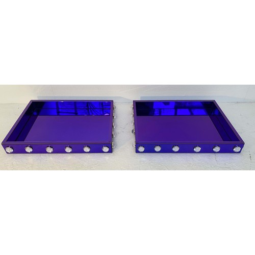 593 - DRINKS TRAYS, a pair, 52cm x 42cm x 61cm, electric blue mirrored glass. (2)