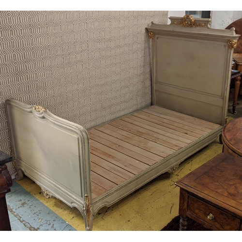 197 - SINGLE BED, 116cm W x 141cm H, late 19th century French grey painted with and parcel gilt and carved... 