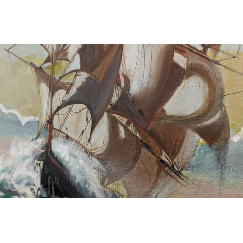 51 - JOHN MACKAY 'Galleon in High Waters', 1979, oil on canvas, signed and dated lower left, 90cm x 90cm,... 