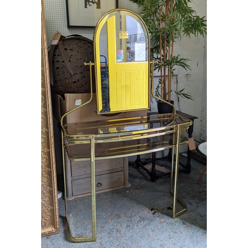 585 - DRESSING TABLE, 101cm x 38cm, with smoked glass top and undertier and bevelled mirror.