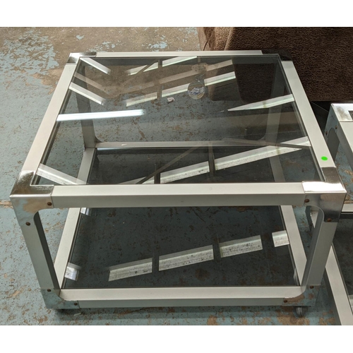 590 - SIDE TABLES, a pair, 64cm x 64cm x 41cm, Italian style cube design, smoked glass tiers, on castors. ... 