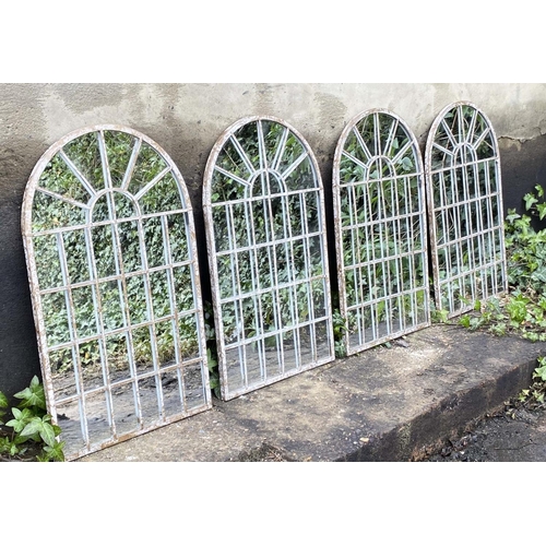 597 - ARCHITECTURAL GARDEN MIRRORS, a set of four, arched metal frames, 60cm x 36cm. (4)