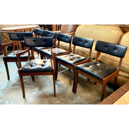 169 - DINING CHAIRS, seven, 80cm H x 52cm W x 50cm D, Danish mid 20th century with teak frame and black fa... 