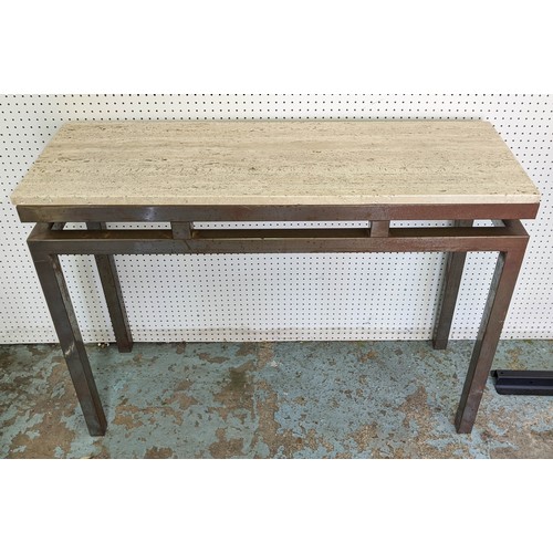 601 - CONSOLE TABLE, 75cm x 102cm x 34cm, aged metal base, stone top.