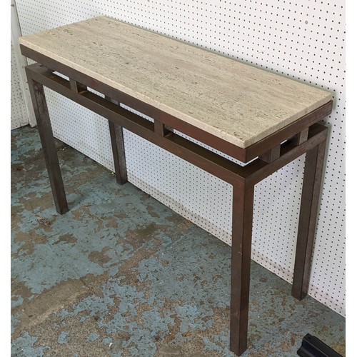 601 - CONSOLE TABLE, 75cm x 102cm x 34cm, aged metal base, stone top.