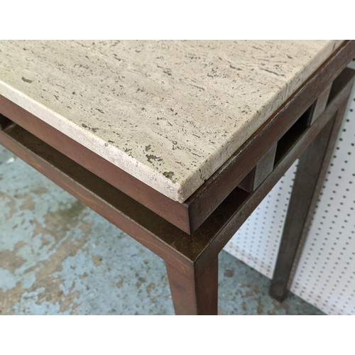 601 - CONSOLE TABLE, 75cm x 102cm x 34cm, aged metal base, stone top.