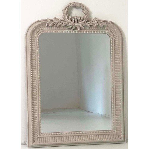 479 - OVERMANTLE WALL MIRROR, 67cm x 98cm, grey distressed frame, Italian style, with wreath crest.