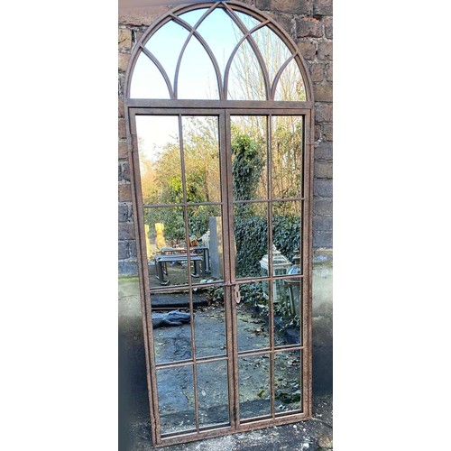 484 - ARCHITECTURAL GARDEN MIRROR, 180cm H x  75cm W, gated design.