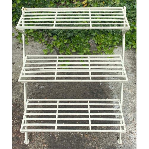 493 - GARDEN PLANT STANDS, a pair, 60.5cm x 62cm x 58cm, three-tier. (2)