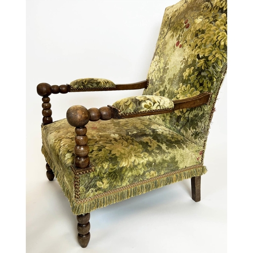 202 - ARMCHAIRS, a pair, French bobbin turned beech framed upholstered, stamped to base 'Atelier du fauteu... 