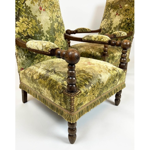 202 - ARMCHAIRS, a pair, French bobbin turned beech framed upholstered, stamped to base 'Atelier du fauteu... 