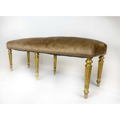 198 - WINDOW SEAT, Regency style giltwood, upholstered in gold fabric, on turned legs, 124cm H x 39cm x 43... 