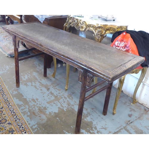 187 - CHINESE CONSOLE TABLE, 174.5cm L x 86cm H x 58.5cm D elm with a rectangular central insert.