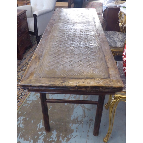 187 - CHINESE CONSOLE TABLE, 174.5cm L x 86cm H x 58.5cm D elm with a rectangular central insert.