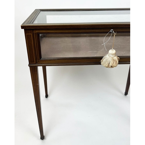 185 - BIJOUTERIE TABLE, 76cm x 49cm x 73cm H, Edwardian mahogany with inlaid strung detail, rising glass l... 