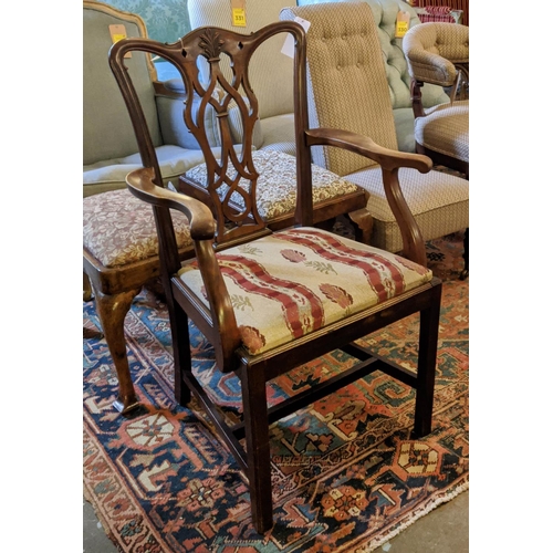 180 - OPEN ARMCHAIR, 61cm x 99cm H, late 19th century mahogany, with decorative back splat and drop in pat... 