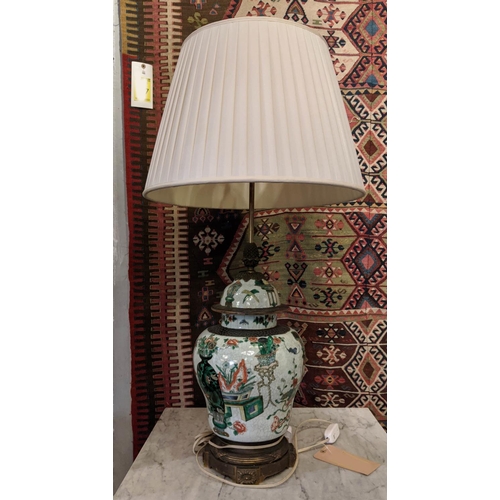 184 - TABLE LAMP BASE, 50cm H including shade 90cm H, Chinese famille verte with a gilt metal base.