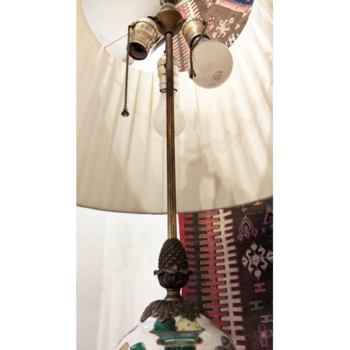 184 - TABLE LAMP BASE, 50cm H including shade 90cm H, Chinese famille verte with a gilt metal base.