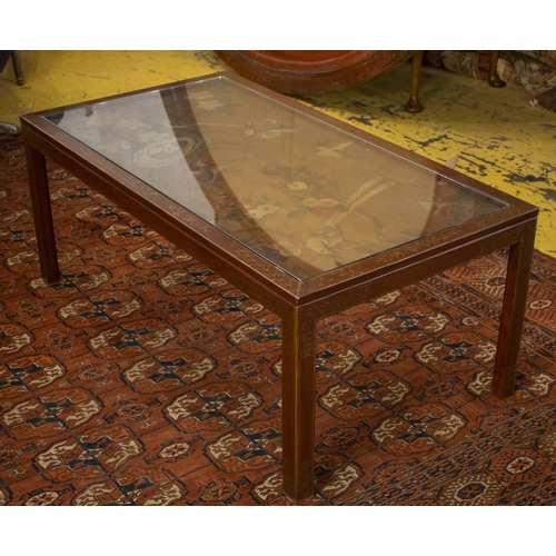 167 - LOW TABLE, 46cm H x 112cm x 61cm, Chinese scarlet lacquer, painted and gilt decorated with inset rec... 