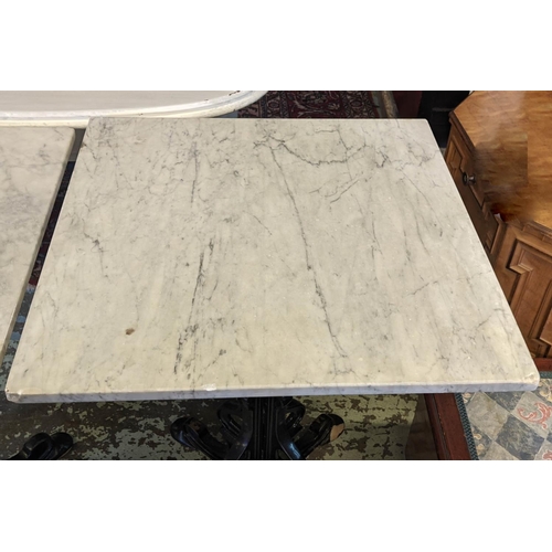 345 - BISTRO TABLES, a pair, each 60cm x 60cm x 77cm H, the square marble tops on wrought iron bases. (2)