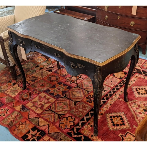 338 - BUREAU PLAT, 123cm x 68cm x 82cm H, Louis XV style ink blue painted and gilded with brass mounts and... 