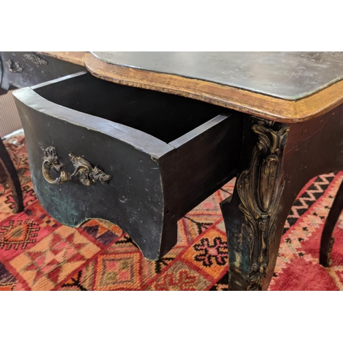 338 - BUREAU PLAT, 123cm x 68cm x 82cm H, Louis XV style ink blue painted and gilded with brass mounts and... 