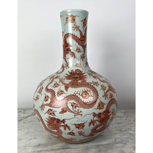 2 - CHINESE DRAGON BOTTLE VASE, of good size, orange and white ceramic, 55cm H.