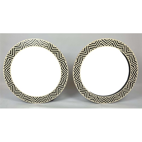 386 - WALL MIRRORS, a pair, 1970s Italian design geometric inlaid circular frames, 61cm diam. (2)