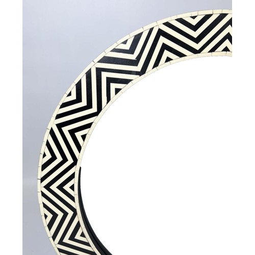 386 - WALL MIRRORS, a pair, 1970s Italian design geometric inlaid circular frames, 61cm diam. (2)