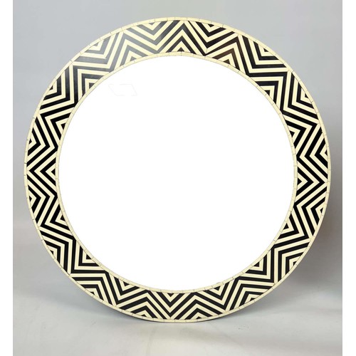 386 - WALL MIRRORS, a pair, 1970s Italian design geometric inlaid circular frames, 61cm diam. (2)