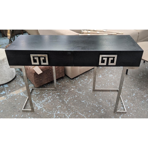 414 - DRESSING TABLE, 120cm x 43cm x 79cm, two drawers, ebonised finish.