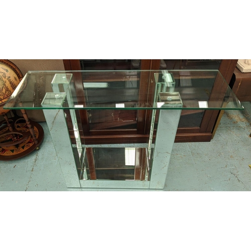 409 - CONSOLE TABLE, 115cm x 37cm x 79cm, mirrored design, tempered glass top.