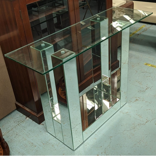 409 - CONSOLE TABLE, 115cm x 37cm x 79cm, mirrored design, tempered glass top.