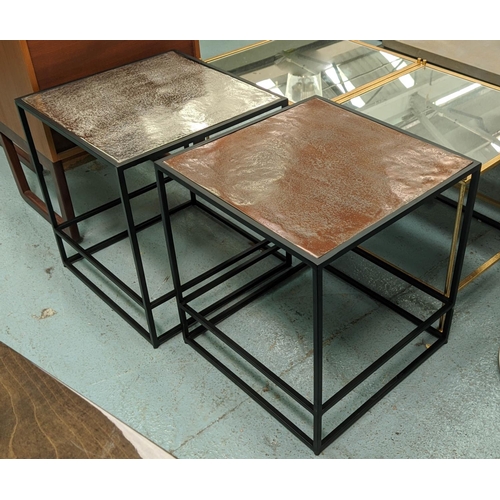 410 - SIDE TABLES, two with differing tops, black metal frames, 46.5cm x 46.5cm x 51.5cm. (2)