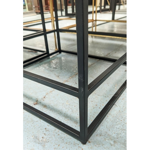 410 - SIDE TABLES, two with differing tops, black metal frames, 46.5cm x 46.5cm x 51.5cm. (2)