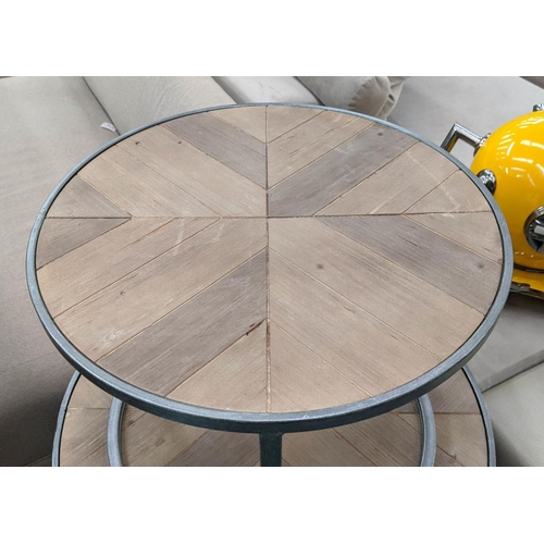 402 - NEST OF TABLES, a graduated pair, parquetry style tops, 75cm diam x 55cm. (2)