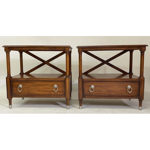 429 - LAMP TABLES, a pair, camphorwood and silvered metal mounted, each and framed with undertier and draw... 