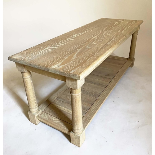 430 - LOW TABLE BY NEPTUNE, rectangular solid oak with undertier and turned columns, 120cm W x 42cm D x 47... 