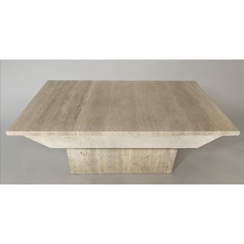 208 - TRAVERTINE COFFEE TABLE, rectangular marble top on plinth base, 95cm x 63cm x 35cm.