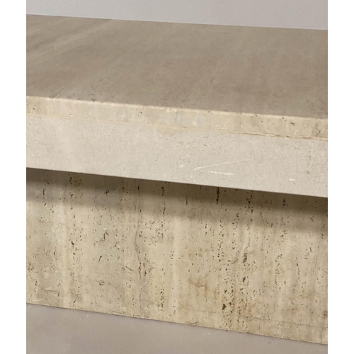 208 - TRAVERTINE COFFEE TABLE, rectangular marble top on plinth base, 95cm x 63cm x 35cm.