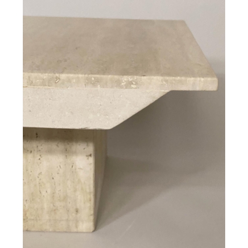 208 - TRAVERTINE COFFEE TABLE, rectangular marble top on plinth base, 95cm x 63cm x 35cm.