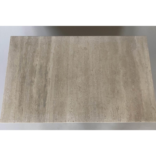 208 - TRAVERTINE COFFEE TABLE, rectangular marble top on plinth base, 95cm x 63cm x 35cm.