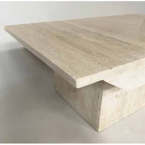 208 - TRAVERTINE COFFEE TABLE, rectangular marble top on plinth base, 95cm x 63cm x 35cm.