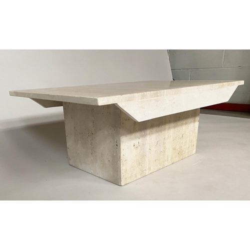 208 - TRAVERTINE COFFEE TABLE, rectangular marble top on plinth base, 95cm x 63cm x 35cm.